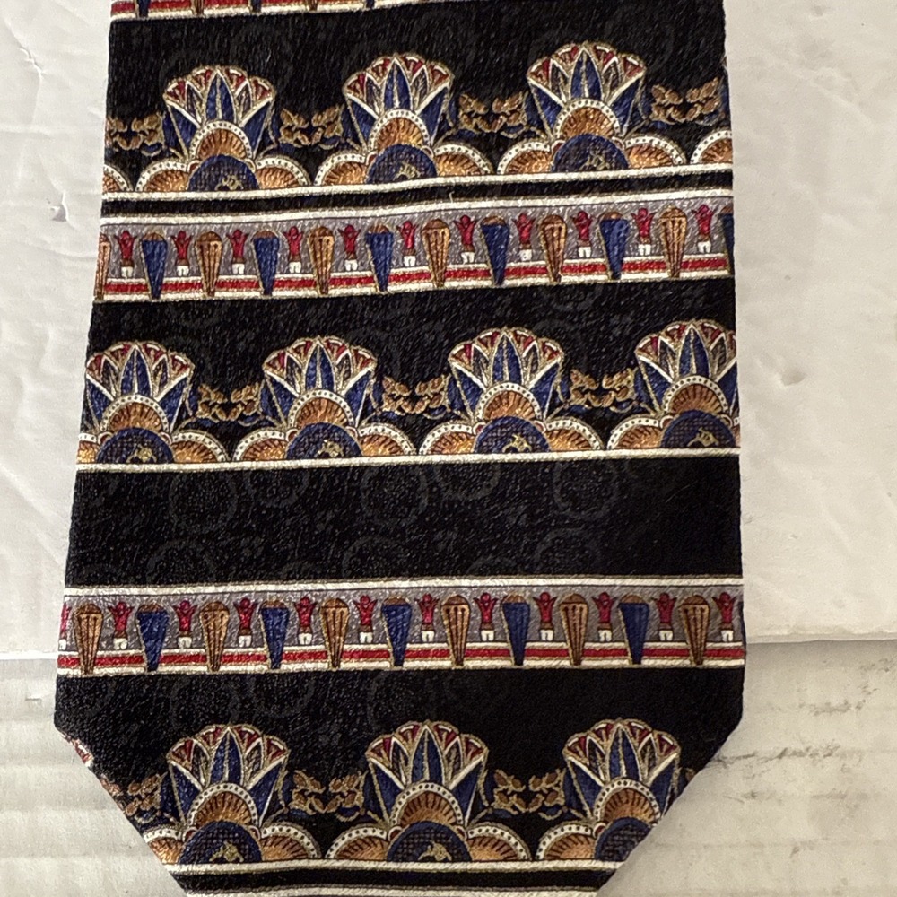 Stafford Executive Necktie Black W/‎ Regal Red Blue Gold-100% Silk Tie-Italy-59"